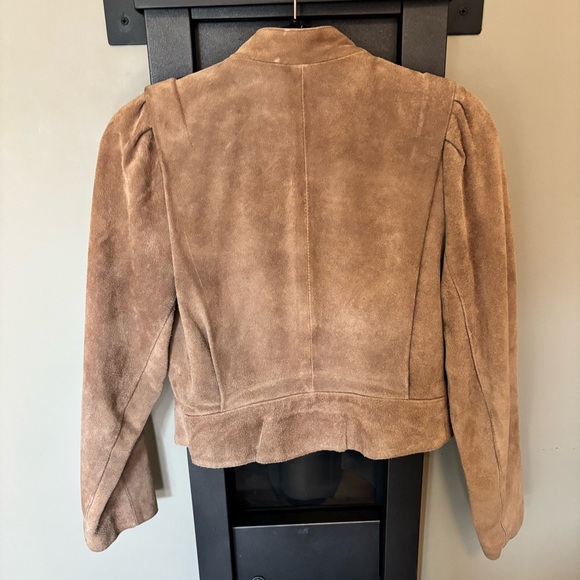 Vintage Le Soleil Suede Jacket Tan Puff Shoulder 80s Cropped Button Front - Picture 4 of 12